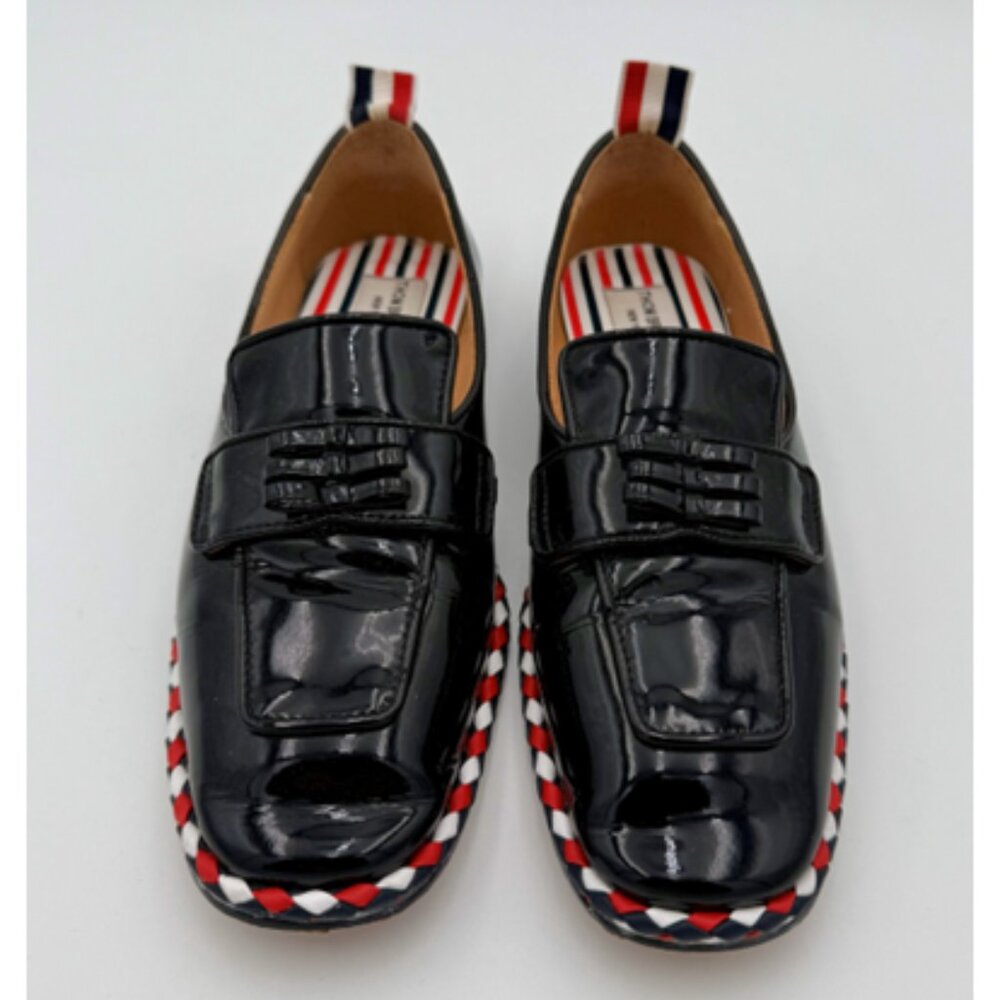 Thom Browne Black Patent Leather Loafers with Red White and Blue Trim - Picture 2 of 9